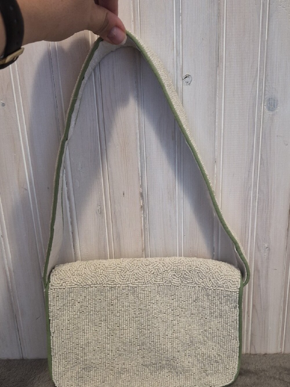 Beaded Vegetable Embroidery Shoulder Bag in Cream and Green - Picture 2 of 5